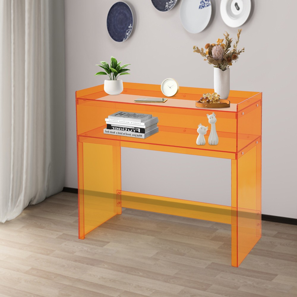2 Tier Acrylic Table Clear Entry Table Small Entryway Table Orange 100*30*80cm