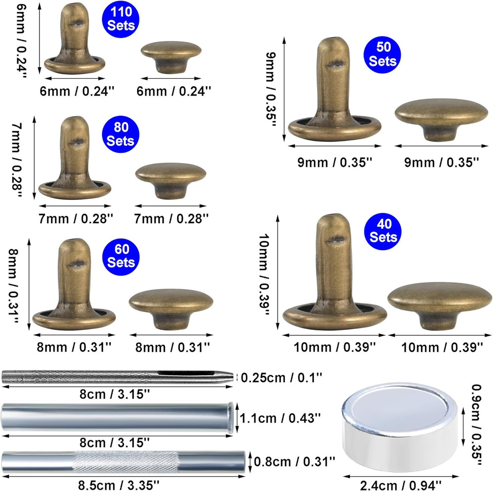340 Sets Leather Rivets Kit Mixed Sizes Rivets for Leather Double Cap Rivets Stu