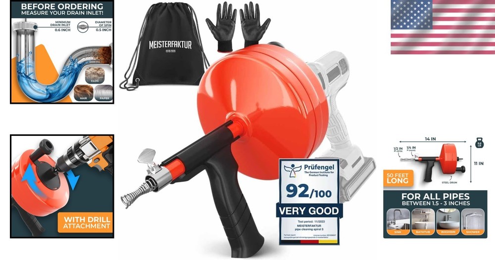 Revolutionary 50 FT Drain Auger - Effortless Unblocking with Drill Attachment