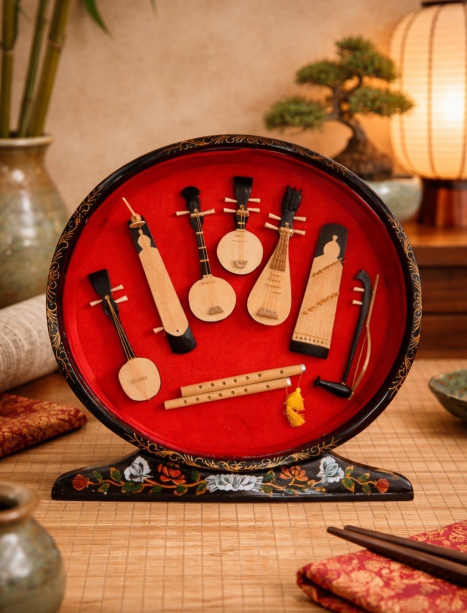 Chinese Mini Vtg Musical Instruments Wooden Show Case Display Mother of Pearl