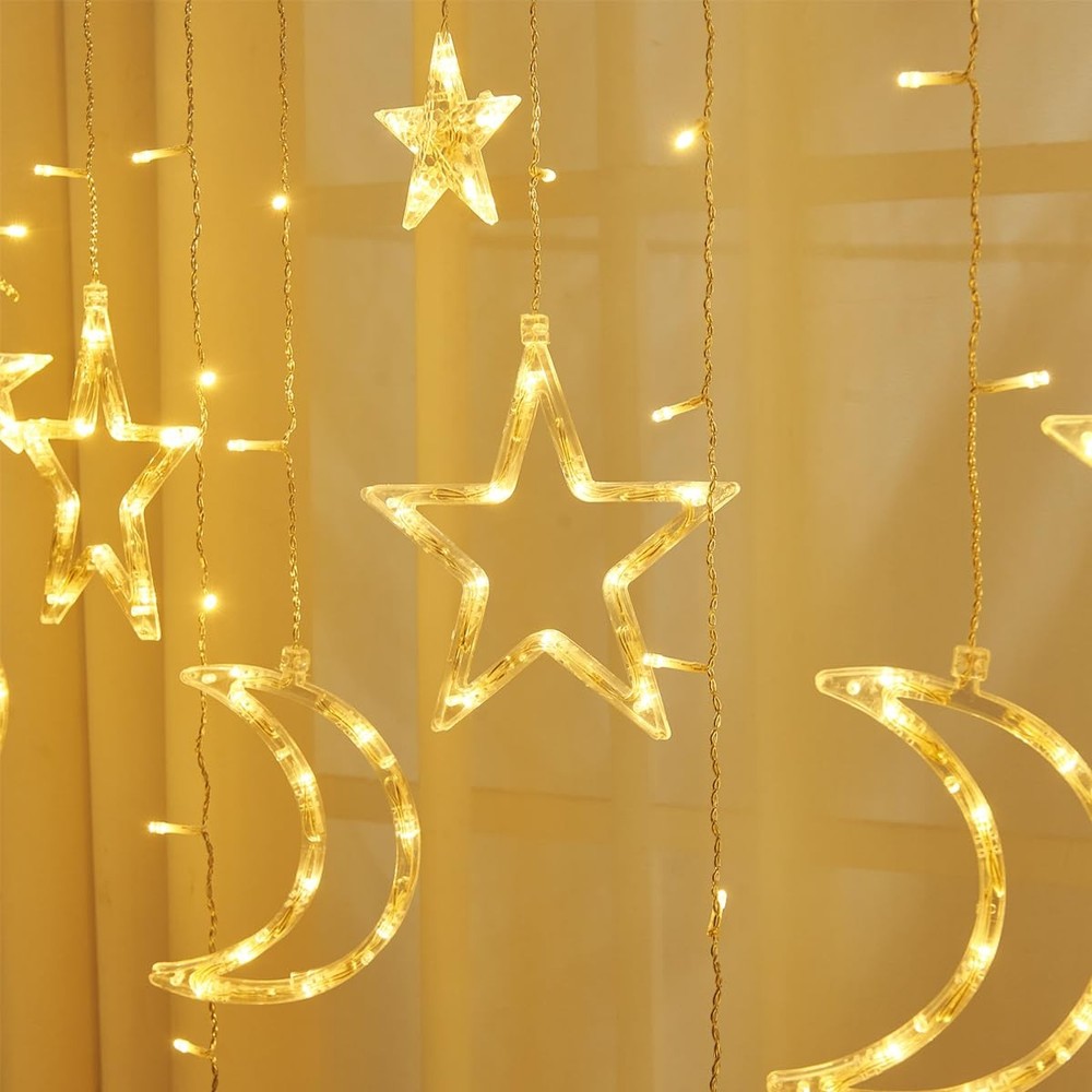 ALFEUND LED Star Moon Curtain Lights, 8 Modes, Timer, Remote, Dimmable