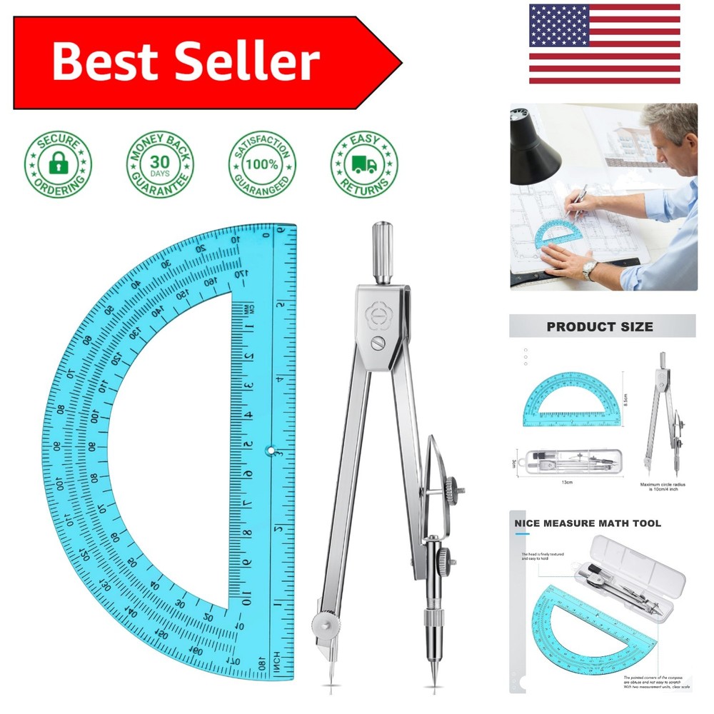 Compact Geometry Math Set: Blue Compass & 6-Inch Protractor for Precision