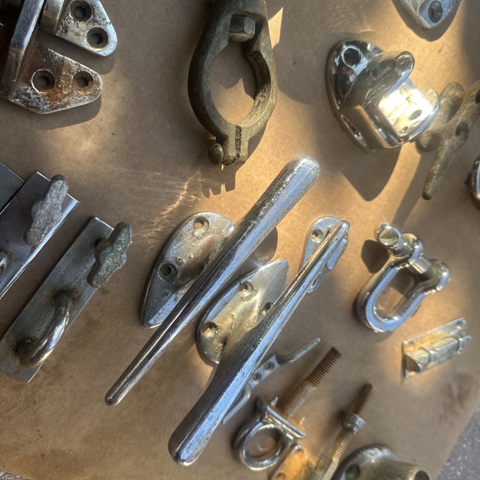 Lot of 32 Pc. Vintage Chrome Boat Cleats, Mounts, Marine Sailing Boating Rigging