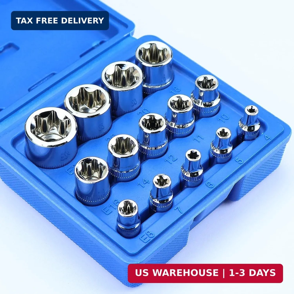 14-Piece Female E-Torx Socket Set, E4-E24 External Star Sockets, 1/4" 3/8"...