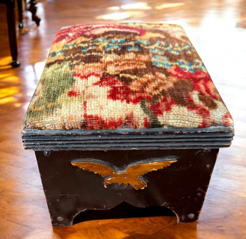 Vintage Floral Tapestry Footstool Wood Base Ottoman Inlaid bird eagle
