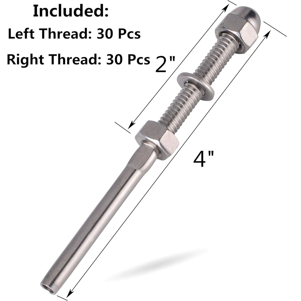 60 Pack 3/16" Cable Railing Swage Threaded Stud Tension End Fitting Terminal