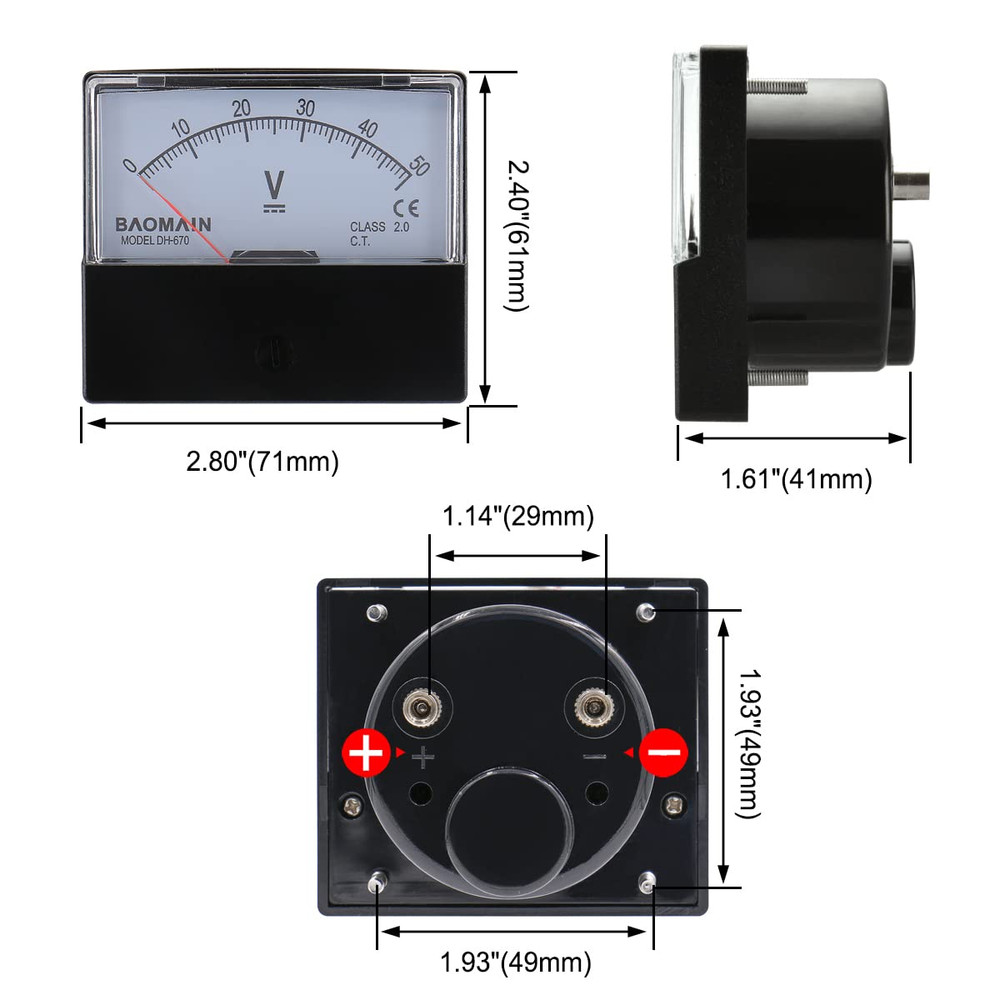 Voltmeter DH-670 DC 0-50V Rectangular Class 2.0 Analog Panel Volt Voltage Meter