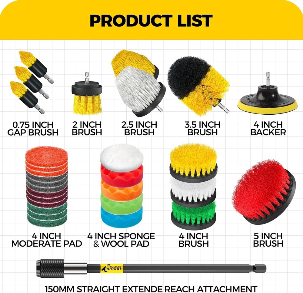 30Pack Drill Brush Attachments Set, Scrubber Pads & Sponge, with long Attachment