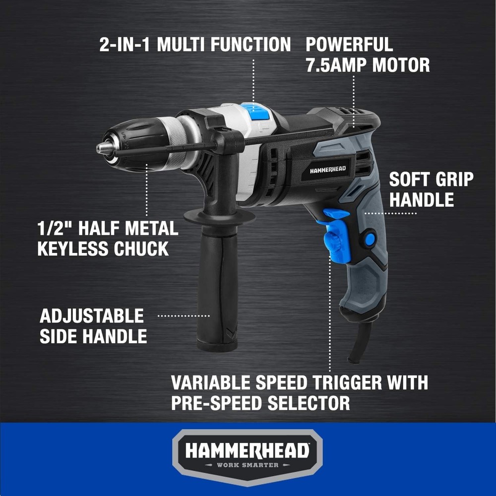 7.5 Amp Corded Hammer Drill - Variable Speed with Multi-Function Capability