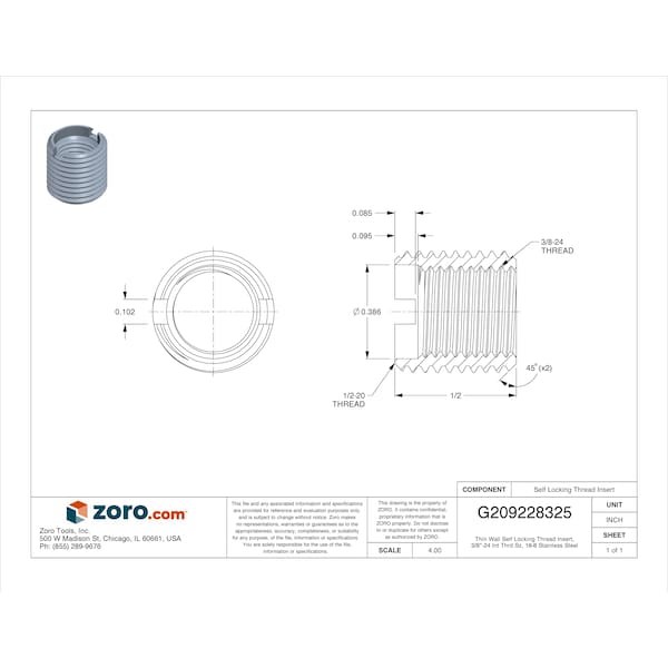 Thin Wall Self Locking Thread Insert, 3/8"-24 Int Thrd Sz, 18-8 Stainless