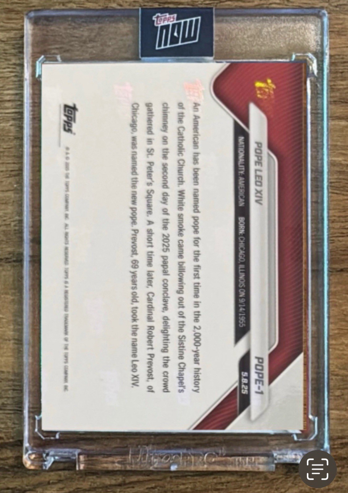 2025 Topps Now Pope Leo XIV - Card #POPE-1 - 1st American Pope - SEALED /ENCASED