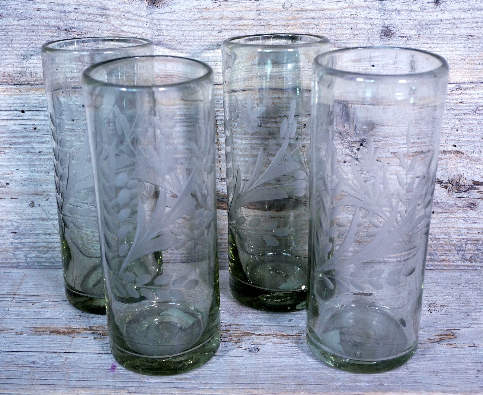 Set of 4 Tall Lemonade Glasses Handblown Hand Etched Pale Green Mexican Folk Art