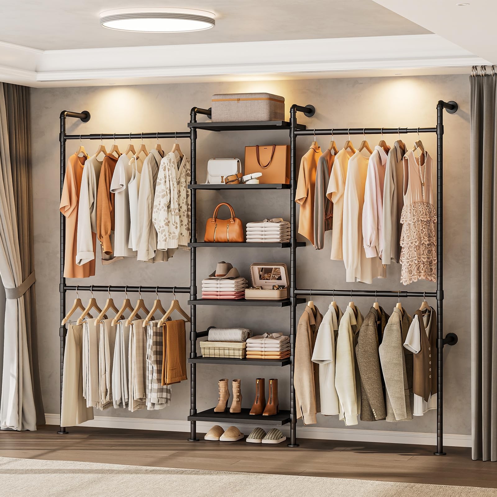 Wall Mounted Closet System 6 Wooden Shelves 4 Telescopic Rods Heavy Duty Black