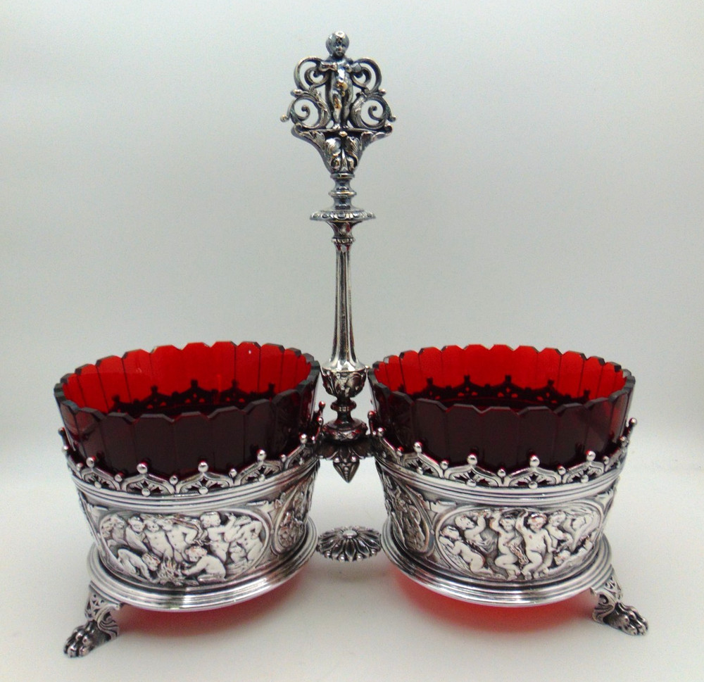 1870 Antique English Elkington Silver Plated & Ruby Red Glass Bowl Jam Holder