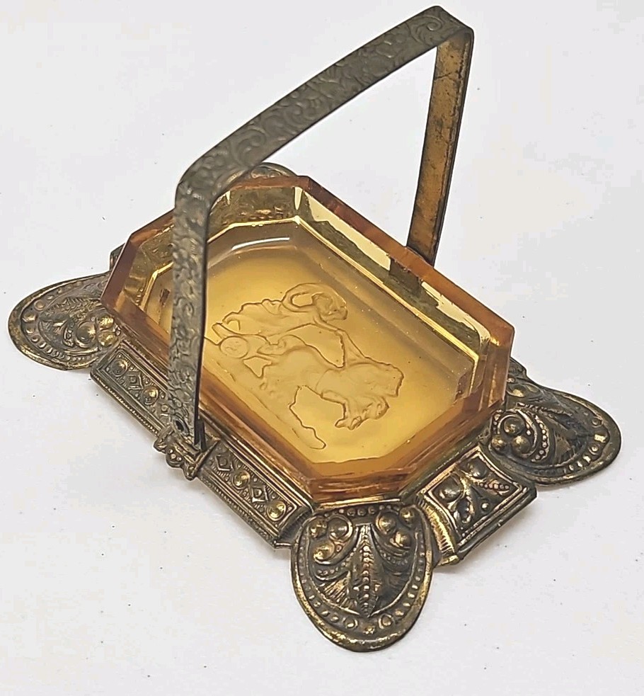 Antique Czech Amber Glass Salt Cellar Intaglio Design Ornate Brass Holder RARE