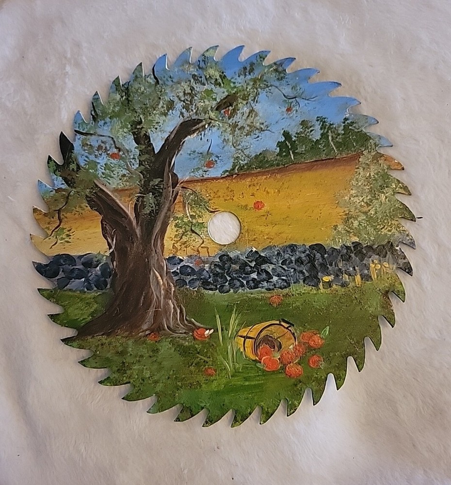 Hand Painted Circular Saw Blade Tree Apple Scene