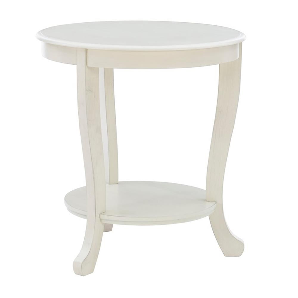 Pemberly Row Round Transitional Wood Side Table with Shelf in White Multi-Step