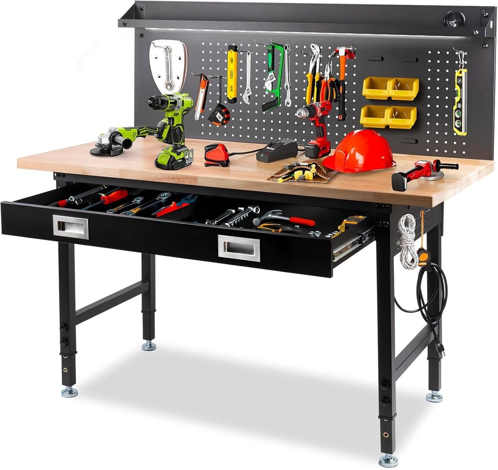 60" Workbench with Drawers, Work Benches for Garage with Strip Light, Adjustable