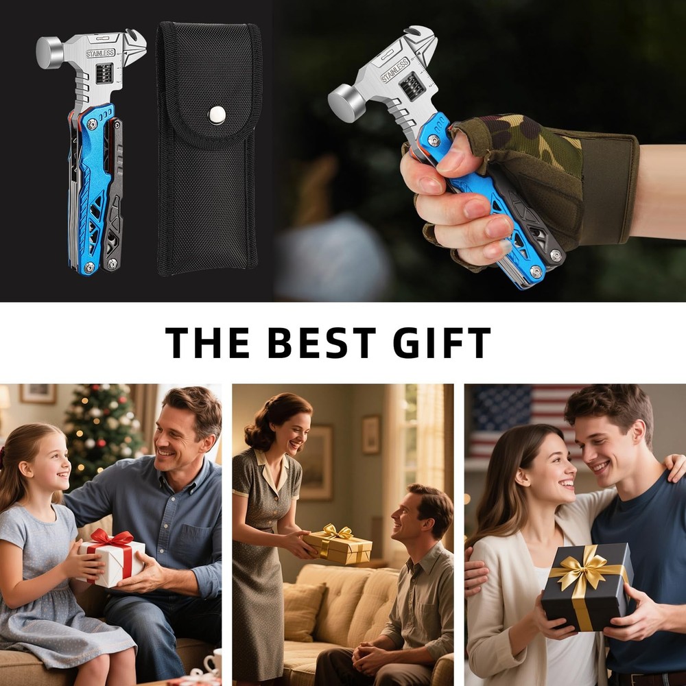 18-in-1 Multitool Hammer with Adjustable Wrench, Stainless Steel Multi Tool P...