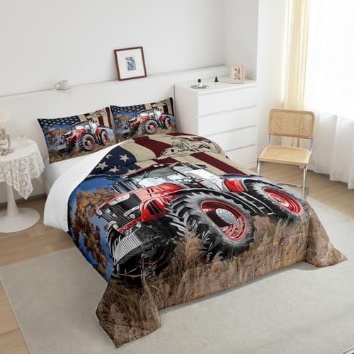 Farming Tractor Bed Comforter Set Size,Rustic Farmhouse Style Queen Multi 04