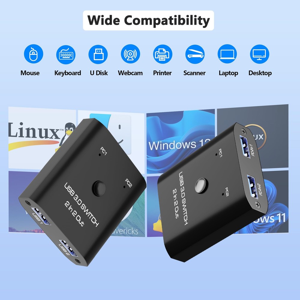 2 in 2 Out USB 3.0 Switch, Switcher for 2 Computers Sharing Keyboard,...