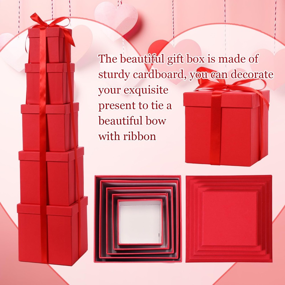 Cholemy 5 Pcs Square Nesting Boxes Decorative Gift White Card, Bright Red