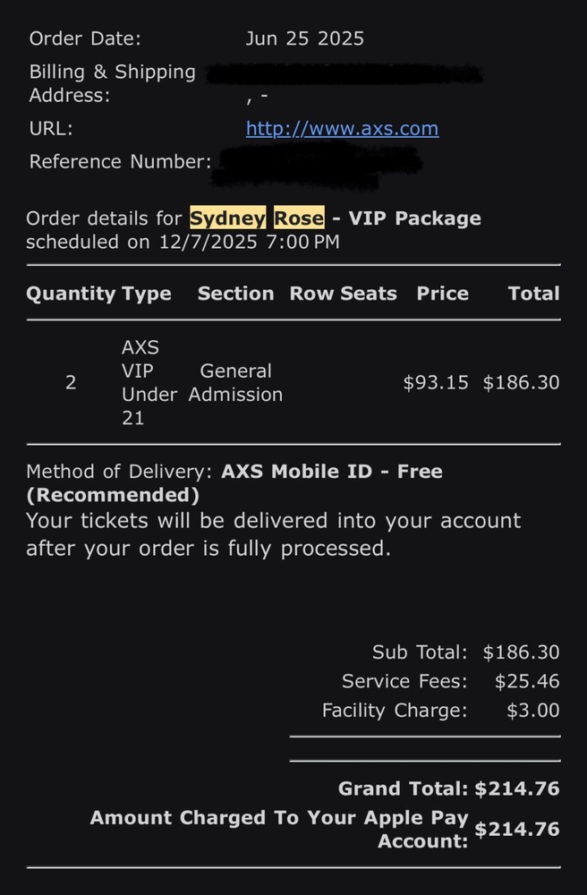 2 concert ticket sydney rose READ DESCRIPTION