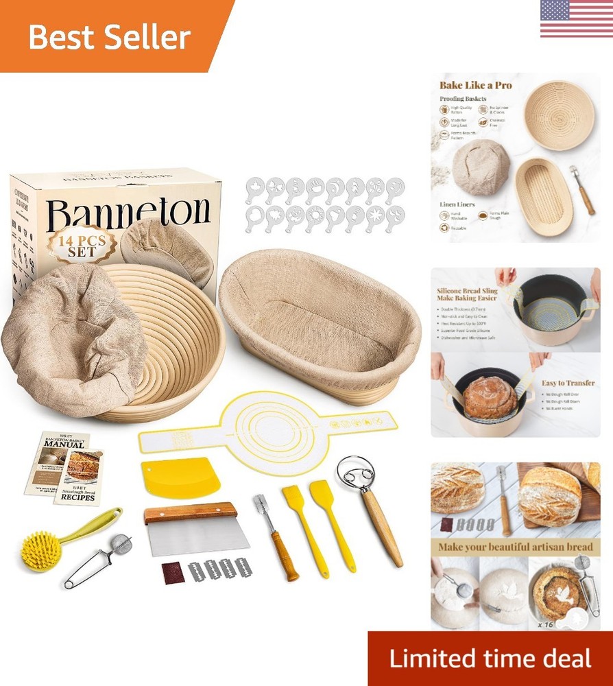 Complete Sourdough Bread Baking Set with 14 Essential Tools & Rattan Baskets