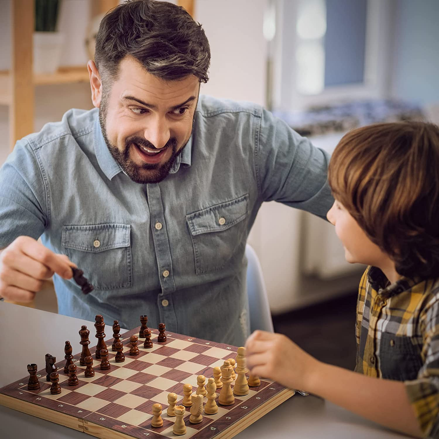 15" x 15" Magnetic Wooden Folding Chess Set with 2 Extra Queens, Handmade Game B