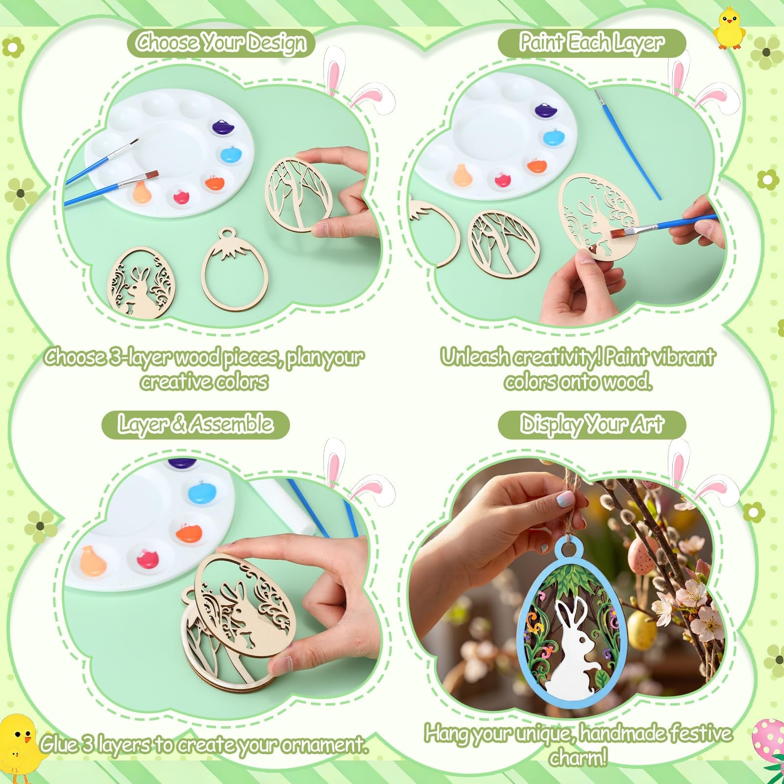 36 Pcs Easter Crafts for Adults Kids Wooden 3D Easter Crafts to Paint Ornaments