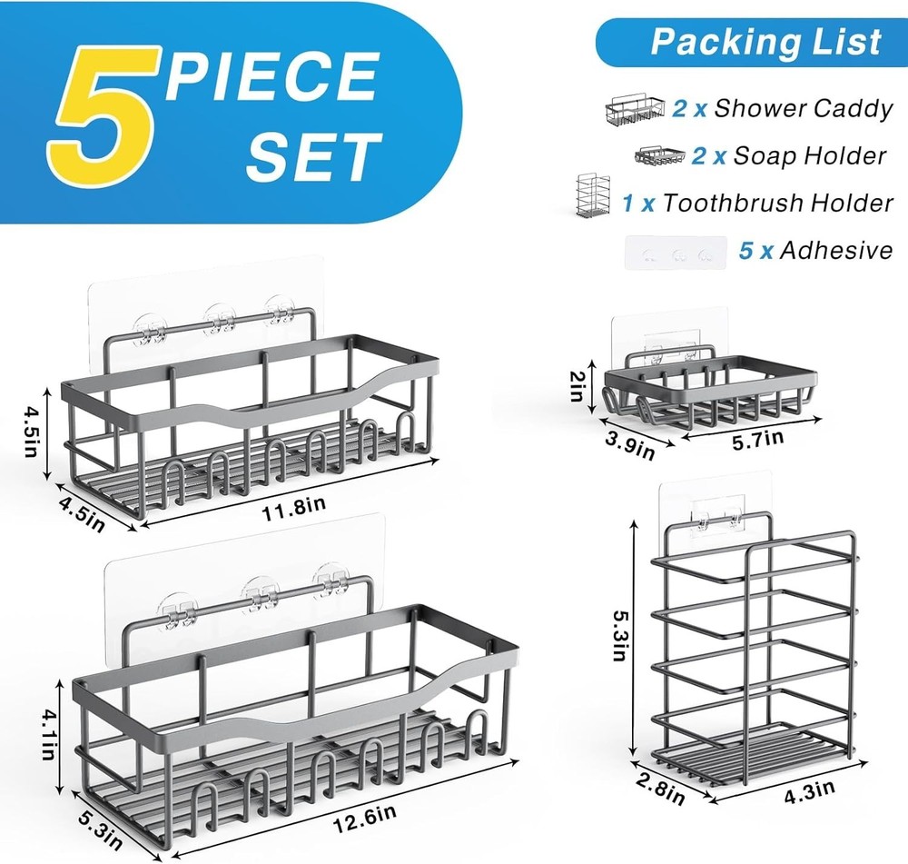 Durable 5-Pack Stainless Steel Shower Caddy Set - Modern, Rust Resistant Design