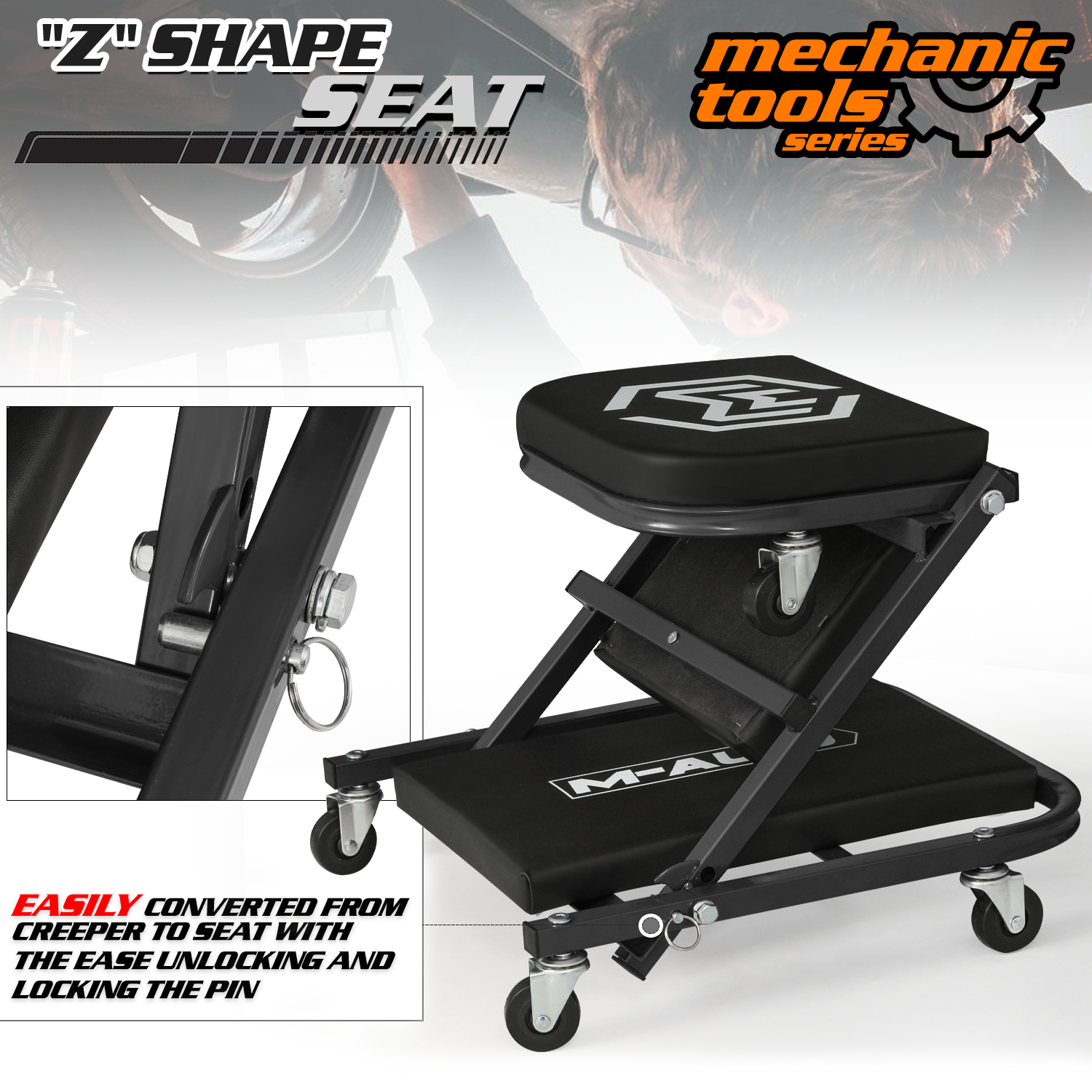 36" Black Folding Creeper Mechanic Work Upholstered Seat Automotive Repair Stool