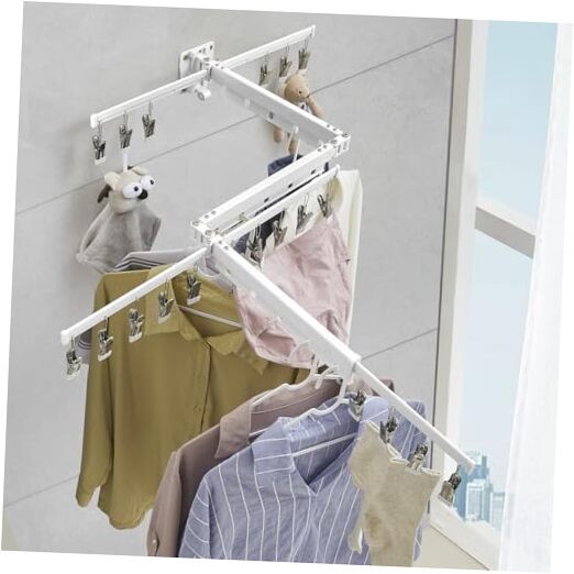 White Clothes Drying Rack Retractable Foldable Wall Mounted, Tri-Fold Space