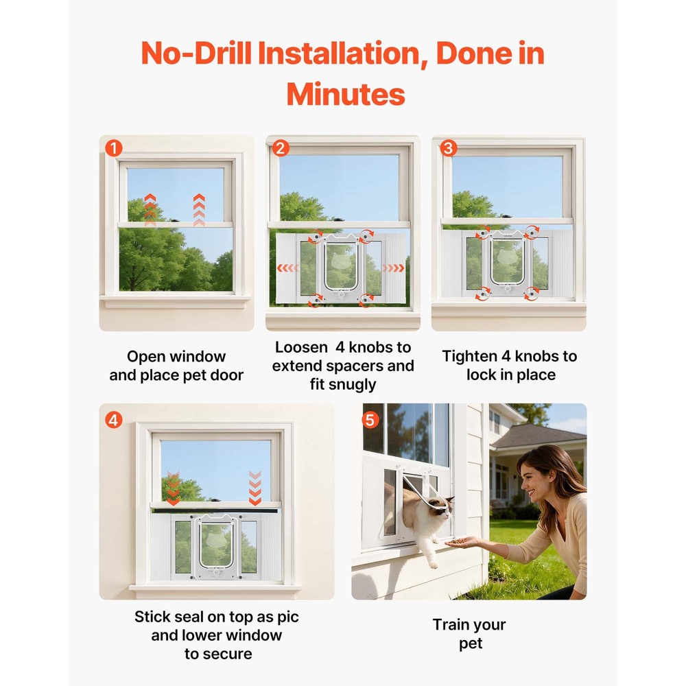 Cat Door for Window, Adjustable to Fit Window Width 23"-28", 4 Secure Lock Modes