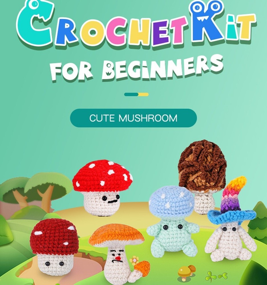 6 -Pack Colorful Mushroom Beginner Crochet Kit – DIY Craft with Video Tutorials