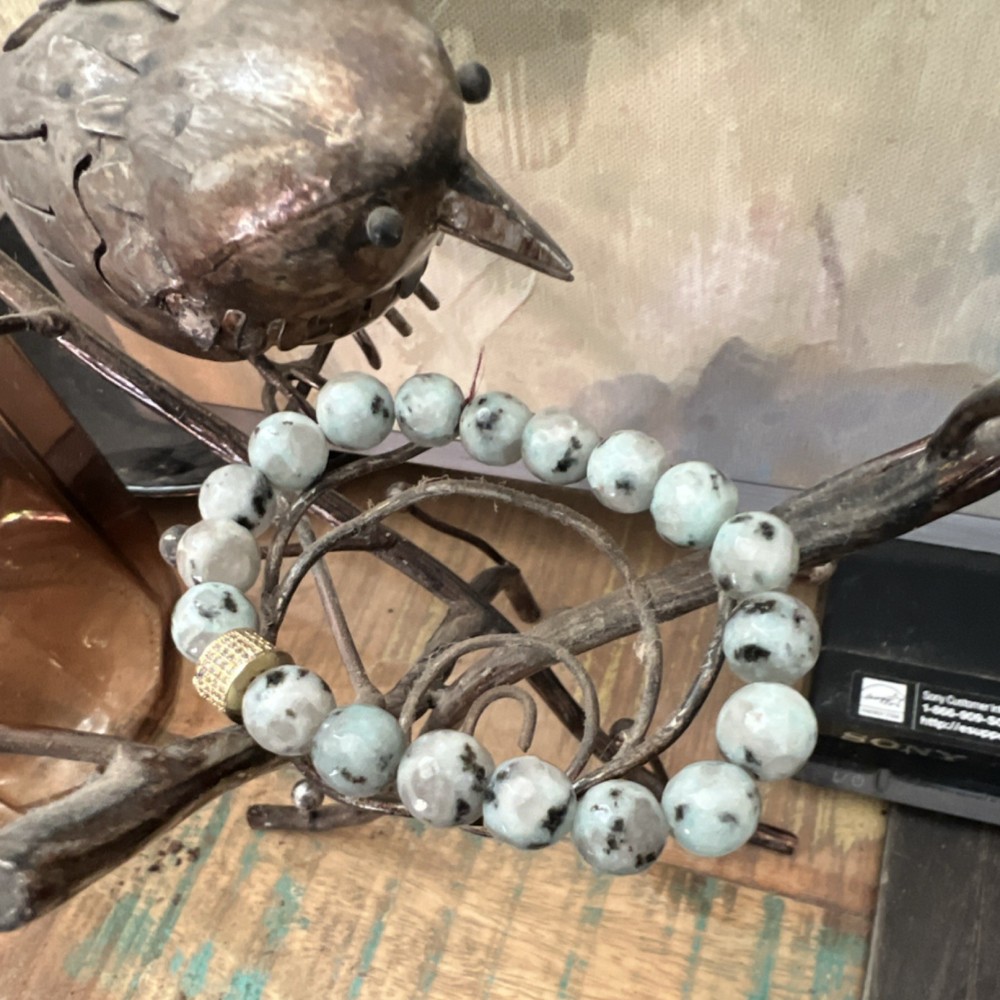 Beaded Gemstone Bracelet Gray Black Gold Stackable Round Gold Accent Unisex