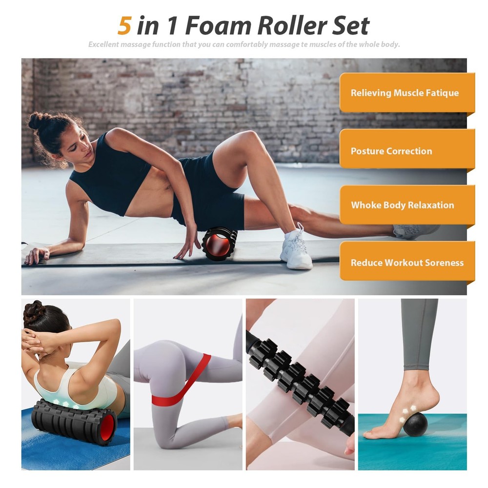 5 in1 Foam Roller Set, Trigger Point Foam Roller, Massage Roller Stick, Massa...