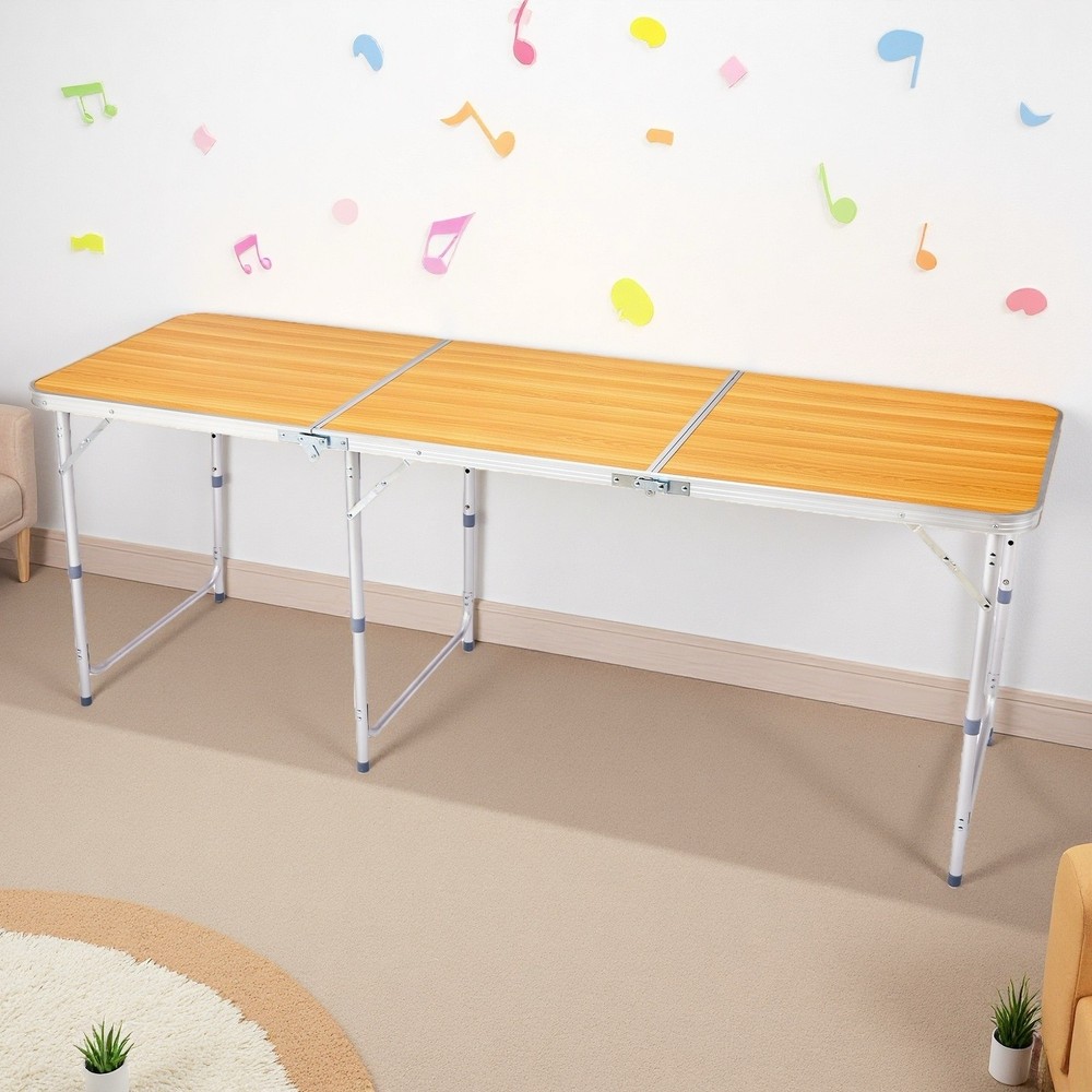 Folding Camping Table 6ft - Adjustable Height, Aluminum & Wood Grain Patio Table
