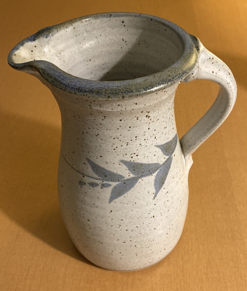 Light Colored Pottery Pitcher With Leaf Design Signed  8 1/4" (See Description)