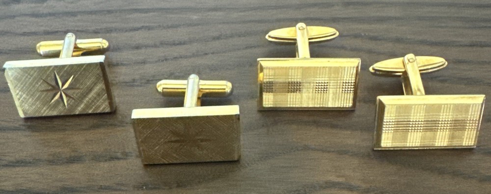 2 X Pair Retro Gold Tone Cut Etched Themed Rectangle Cufflinks
