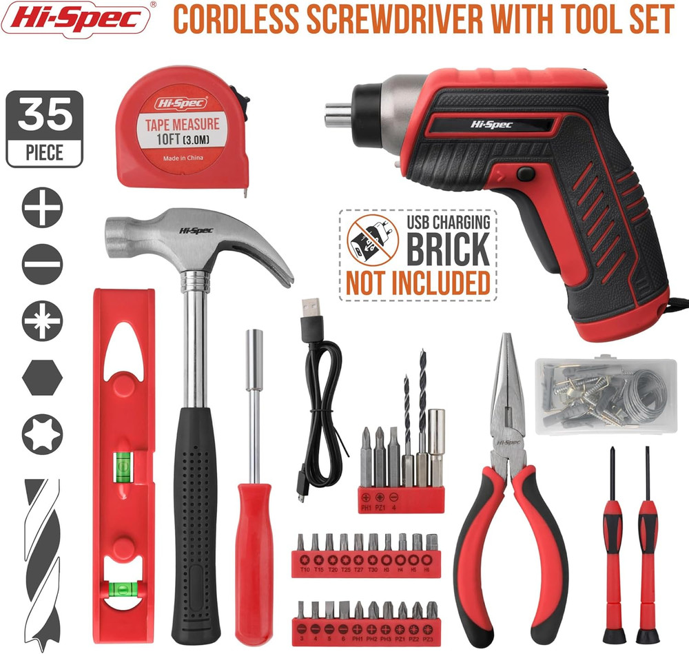 35Pc Red Tool Kit with 3.6V USB Electric Screwdriver and Drill Set. Complete Bas