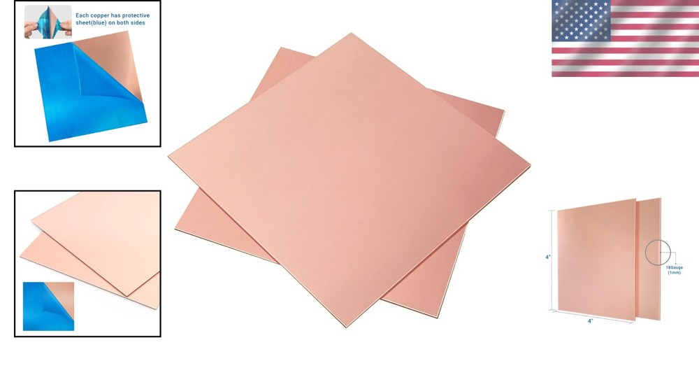 4" x 4" Copper Sheets - 99.9% Pure, 18 Gauge for Creative Projects