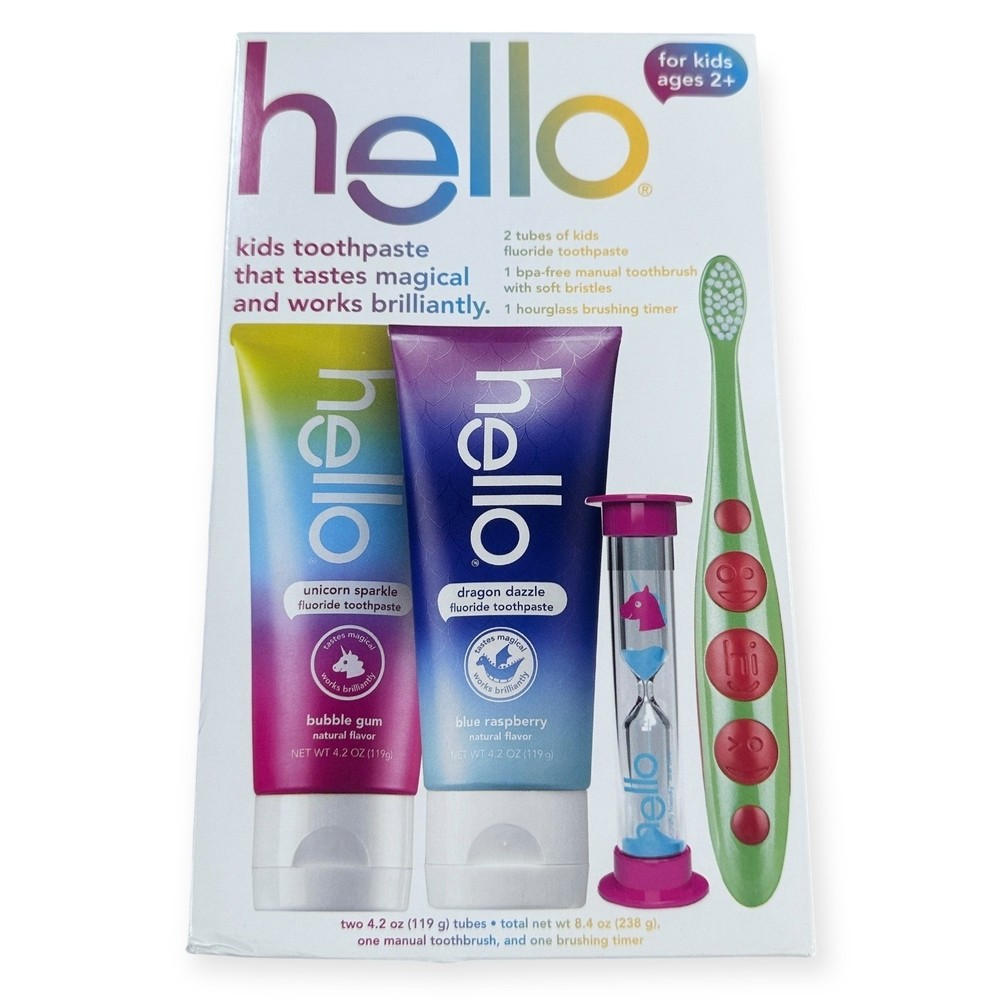 Hello Kids Toothpaste Unicorn Sparkle Dragon Dazzle Fluoride Brush Timer Set