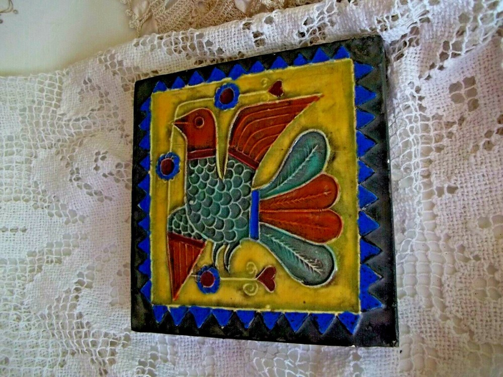 Dated Tile ornate Bird Middle Eastern Boho Decor signed Turkish? 1958 Blue Green