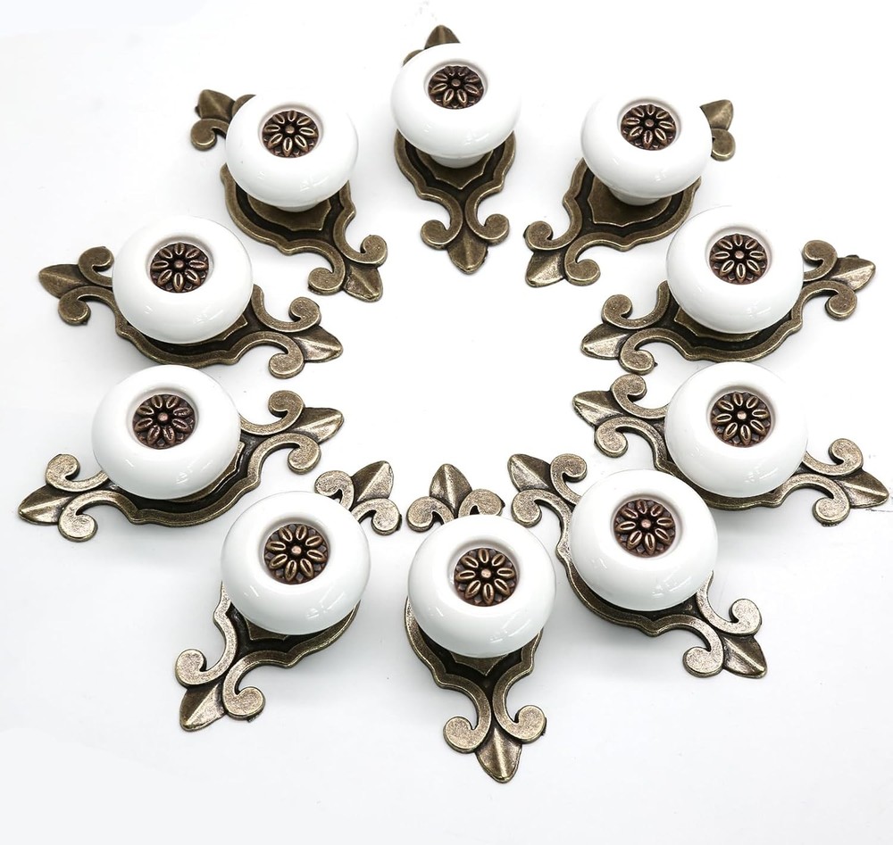 10pcs Ceramic Knobs White Dresser Knobs, Vintage Cabinet Knobs with Antique Bron
