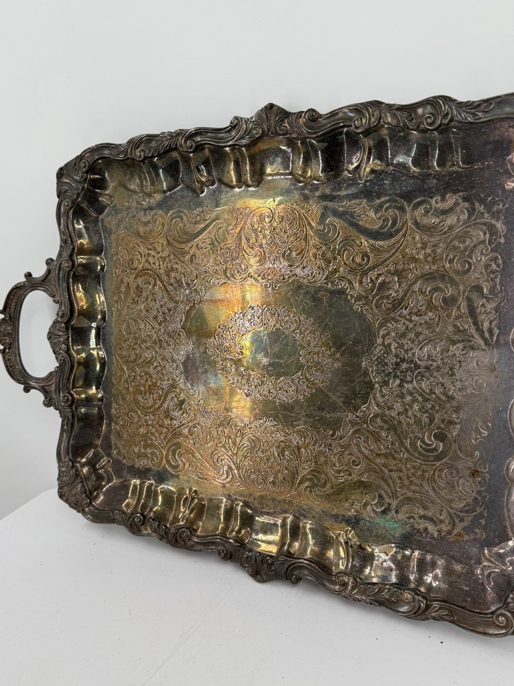 Vintage Silver Plated Copper Silver On Copper Ornate Engraved Serving Tray-25"