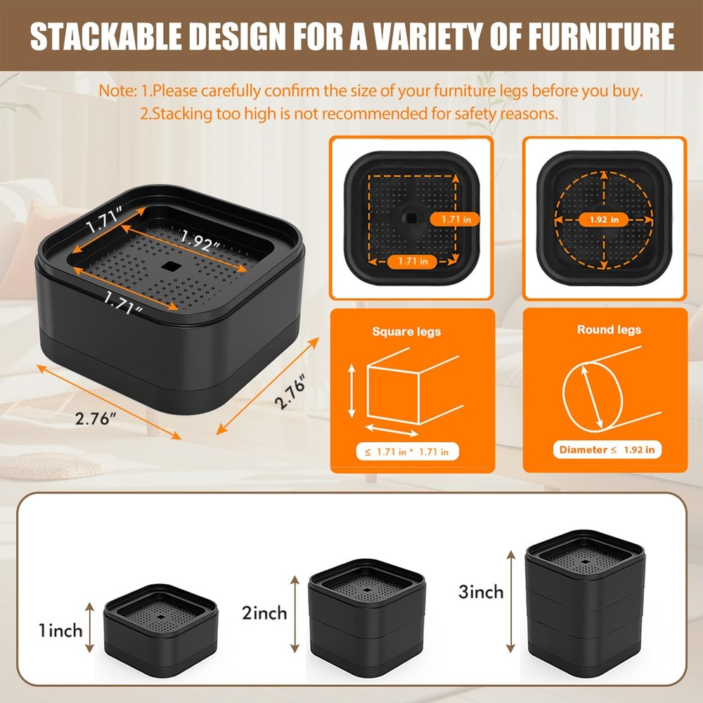 Black Adjustable Bed Lifts Furniture Risers, 4 Pack 1 Inch Stackable Square