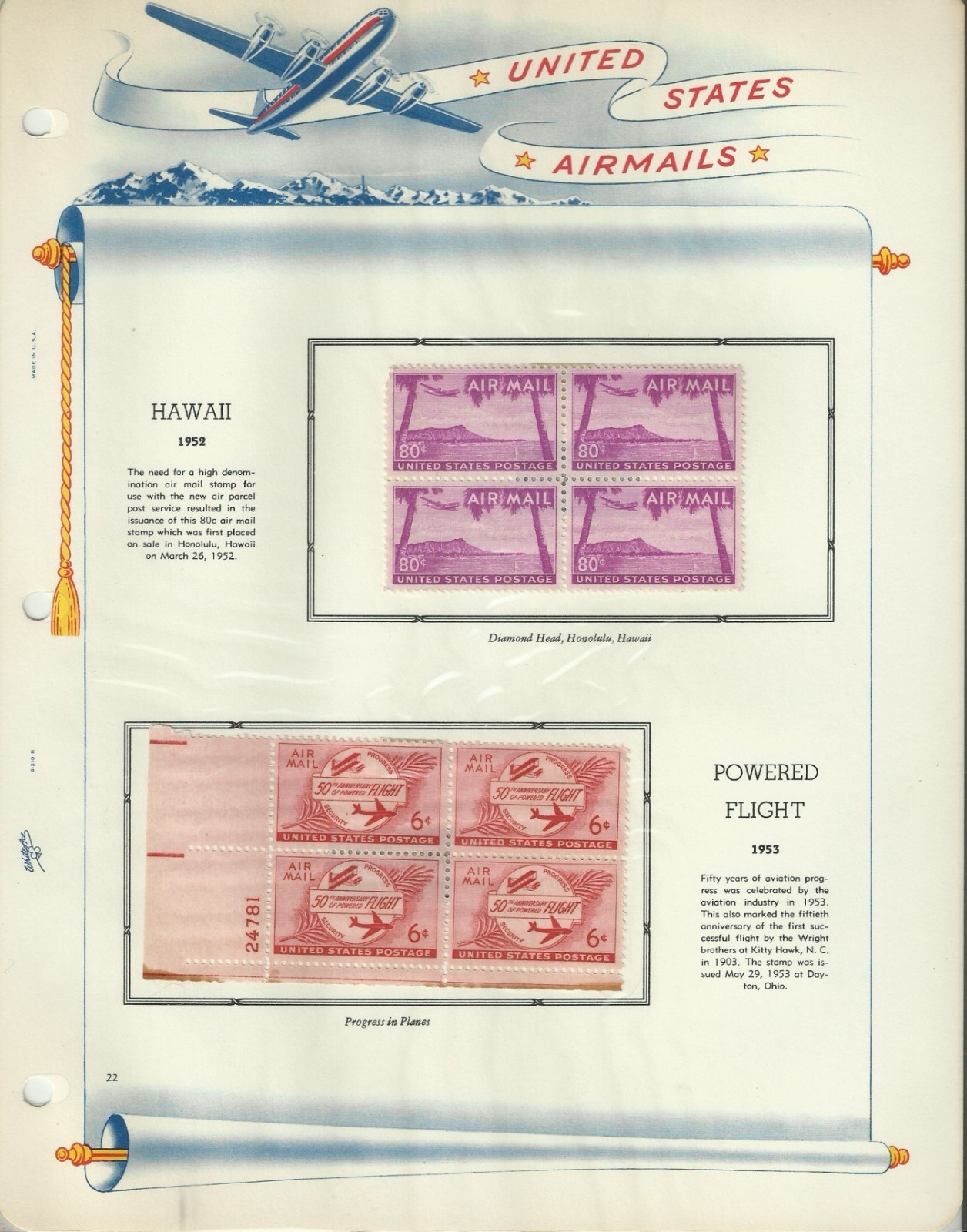 USA Stamps: Air Mail Plate Blocks & Singles on White Ace Album Pages. SCV $350+
