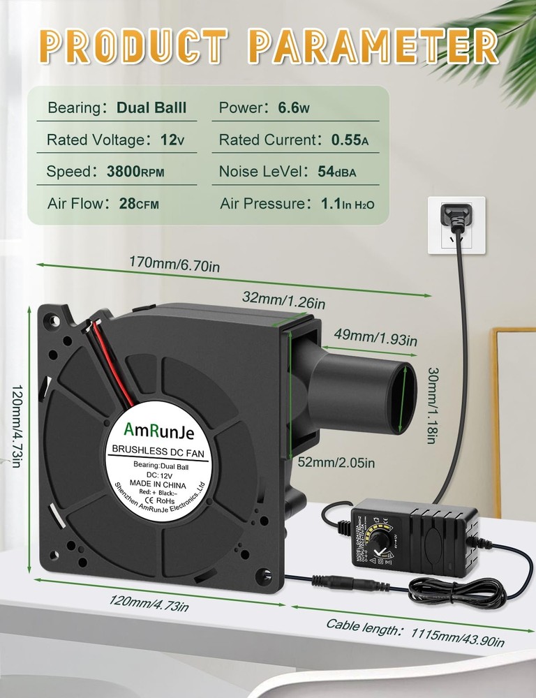 120mm BBQ 12V Blower Fan W/ AC Plug Variable Speed Controller Squirrel Cage 1PC