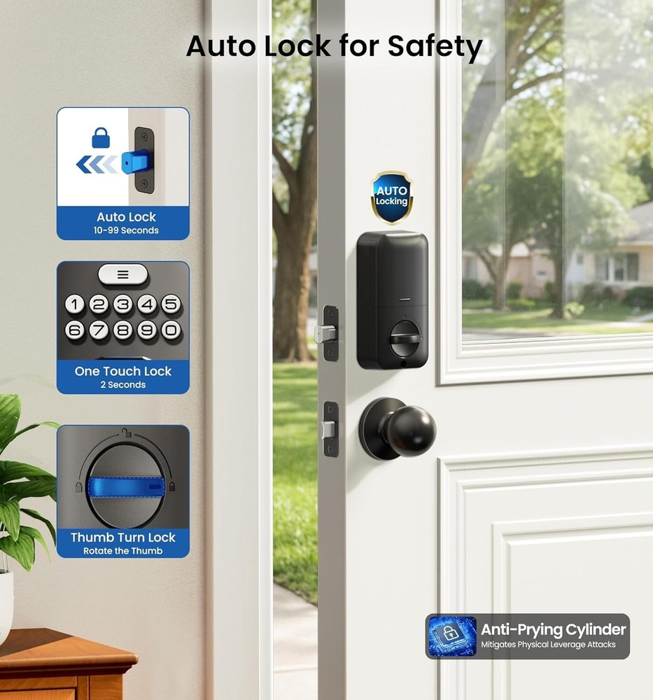 Fingerprint Door Lock with 2 Knobs - Keyless Entry Door Lock with Handle, Ele...